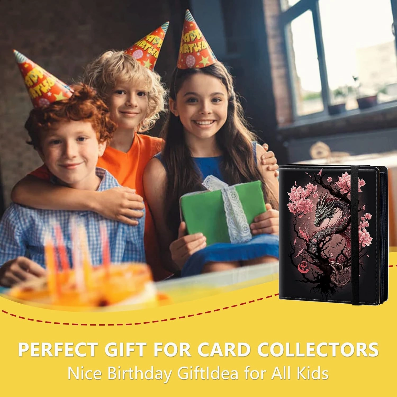 4-Pocket Card Binder 30 Pages Holds 240 Cards, Card Book Collector Album Folder for Yugioh, MTG, TCG, Cute PU Leather Trading Card Holder with Elastic Strap, Cherry Blossom Dragon
