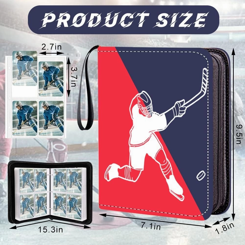 4 Pocket Hockey Cards Binder,Premium Zippered Trading Card Binder,400 Double Sided Pocket PU Collection Binder,Water Resistant, 3 Ring Collector Album,Card Folder for Hockey Sport Cards Display