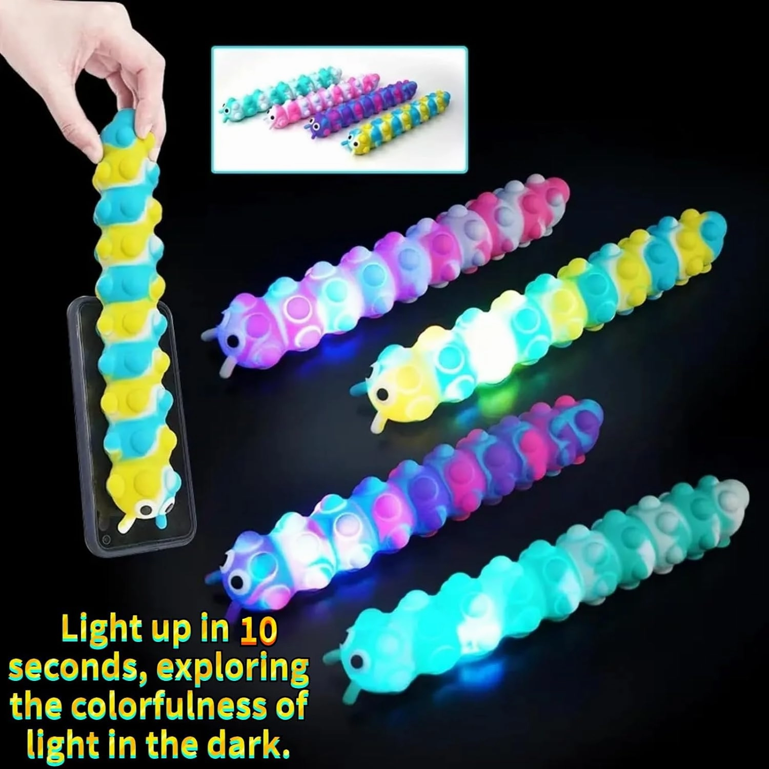 4Pcs 3D Caterpillar Fidget Toys with 10 Seconds Light-Up, Silicone Suction Slug Fidget Sensory Toys, Anti-Anxiety Finger Strength Trainer for Adults & Kids (Four Color)