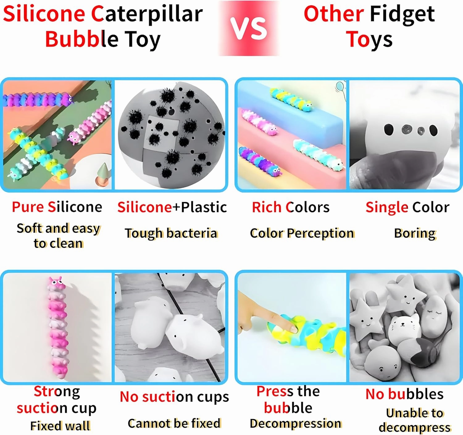 4Pcs 3D Caterpillar Fidget Toys with 10 Seconds Light-Up, Silicone Suction Slug Fidget Sensory Toys, Anti-Anxiety Finger Strength Trainer for Adults & Kids (Four Color)