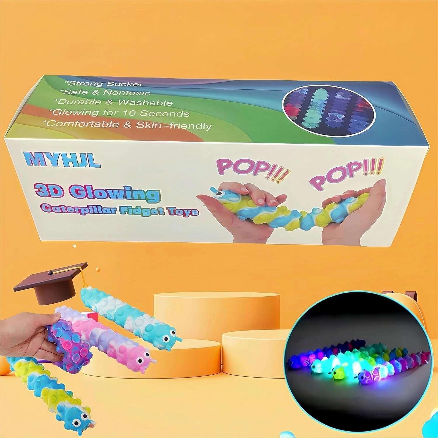 4Pcs 3D Caterpillar Fidget Toys with 10 Seconds Light-Up, Silicone Suction Slug Fidget Sensory Toys, Anti-Anxiety Finger Strength Trainer for Adults & Kids (Four Color)