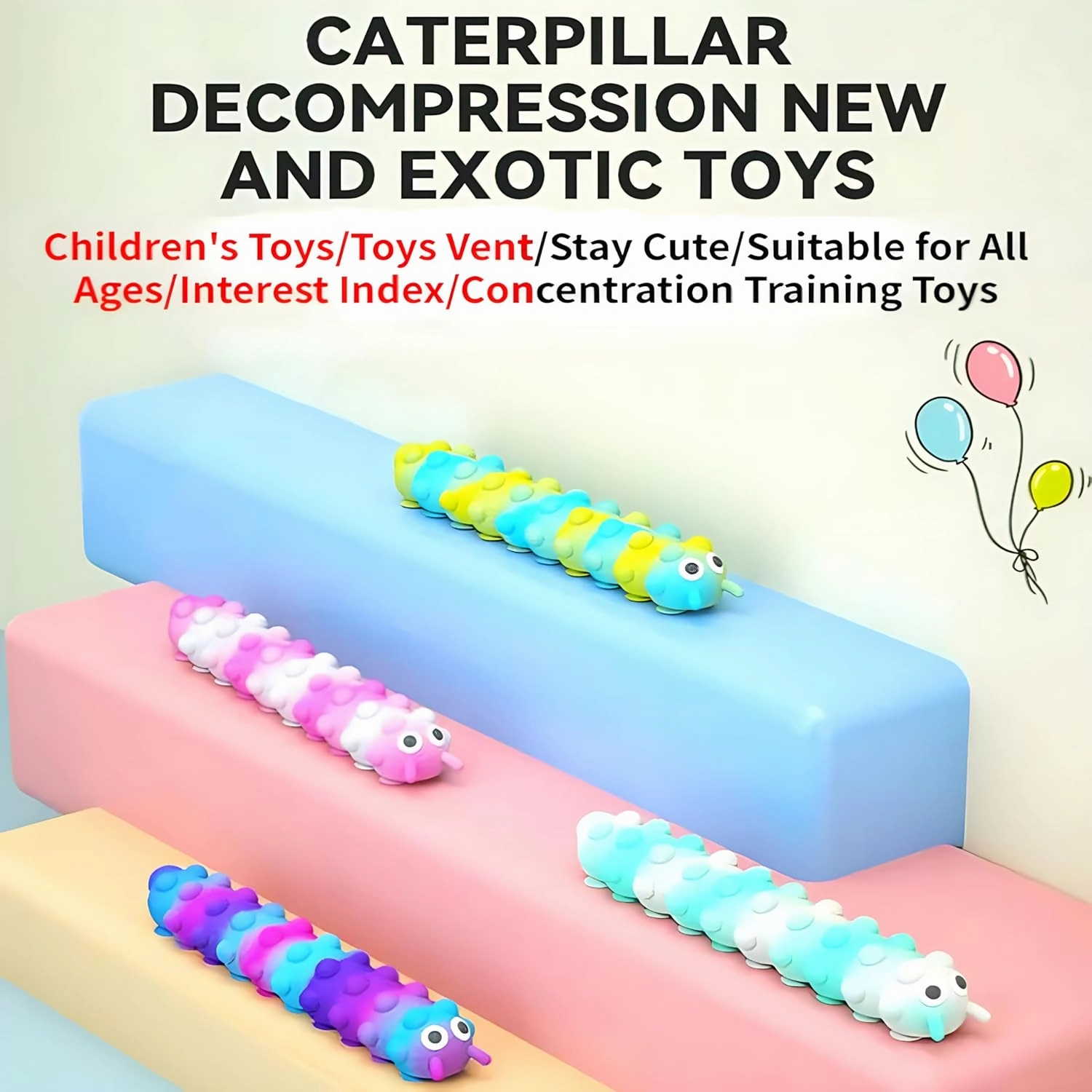 4Pcs 3D Caterpillar Fidget Toys with 10 Seconds Light-Up, Silicone Suction Slug Fidget Sensory Toys, Anti-Anxiety Finger Strength Trainer for Adults & Kids (Four Color)
