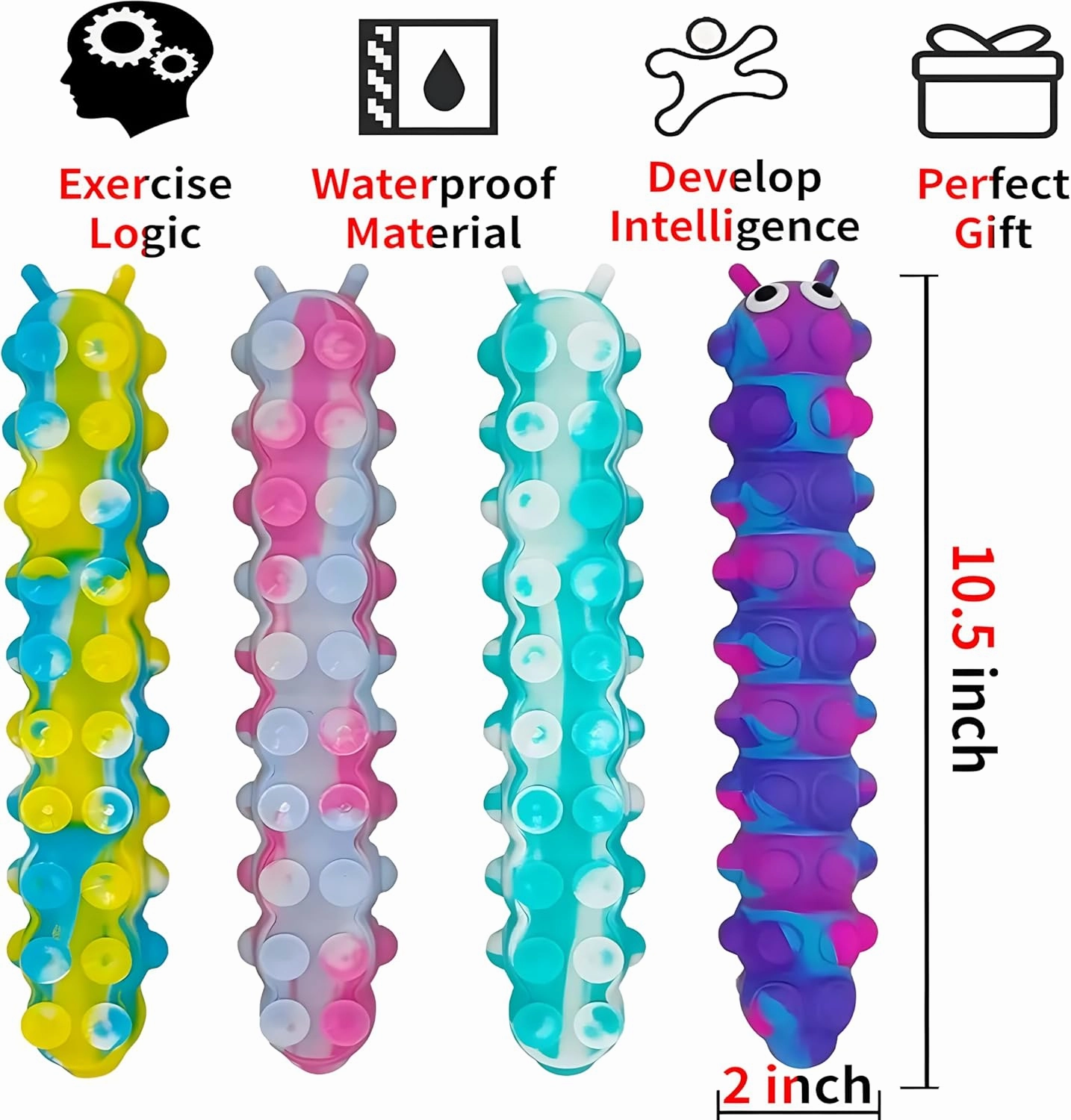 4Pcs 3D Caterpillar Fidget Toys with 10 Seconds Light-Up, Silicone Suction Slug Fidget Sensory Toys, Anti-Anxiety Finger Strength Trainer for Adults & Kids (Four Color)