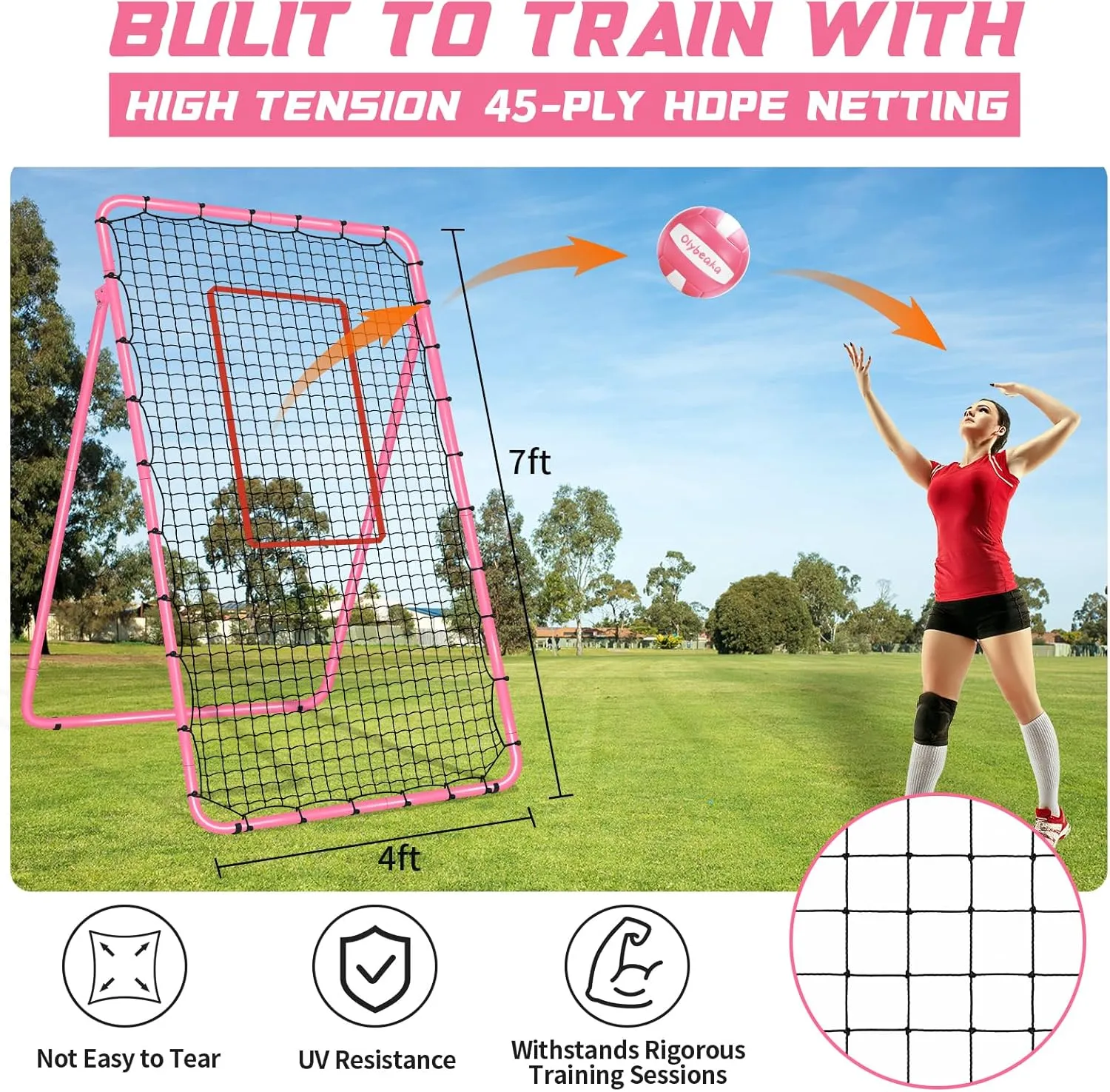 5-Angle Adjustable Volleyball Rebounder Net 7x4ft, Durable & Portable Bounce Back Training Equipment for Practicing Volleying Bumping Spiking with High-Tension Net, PU Volleyball, Pump, Stakes