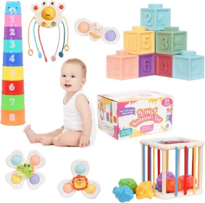 5 in 1 Montessori Toys for Babies 6-12 Months Baby Toys Stacking Blocks Pull String Teether Sensory Shapes & Storage Bin Stacking Cups Suction Cup Spinner Development Set for Boys Girls