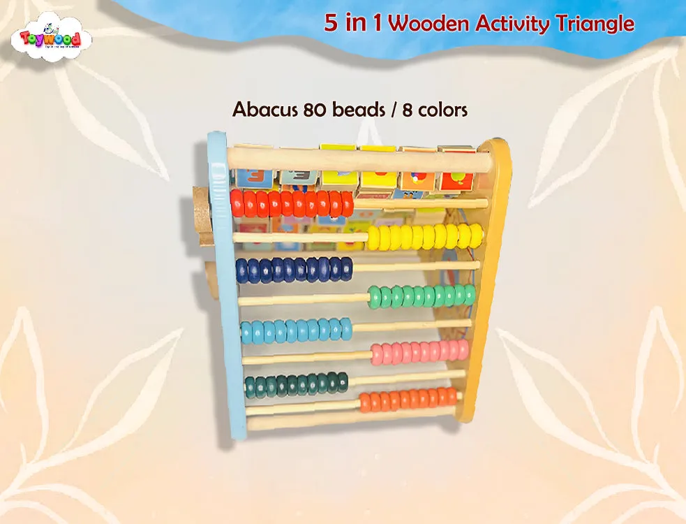 5-in-1 Wooden Learning Activity Triangle | Engage Your Baby with ABCD, Abacus, Clock, White Writing Board | Montessori Learning Toy for 1-5 Year Old Kids