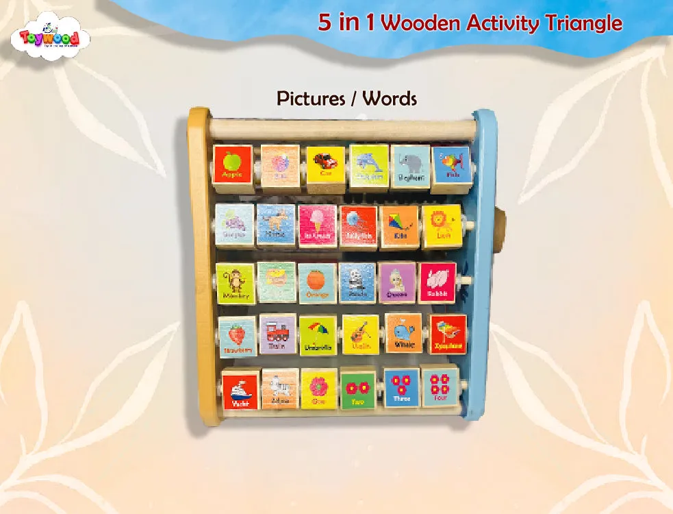 5-in-1 Wooden Learning Activity Triangle | Engage Your Baby with ABCD, Abacus, Clock, White Writing Board | Montessori Learning Toy for 1-5 Year Old Kids