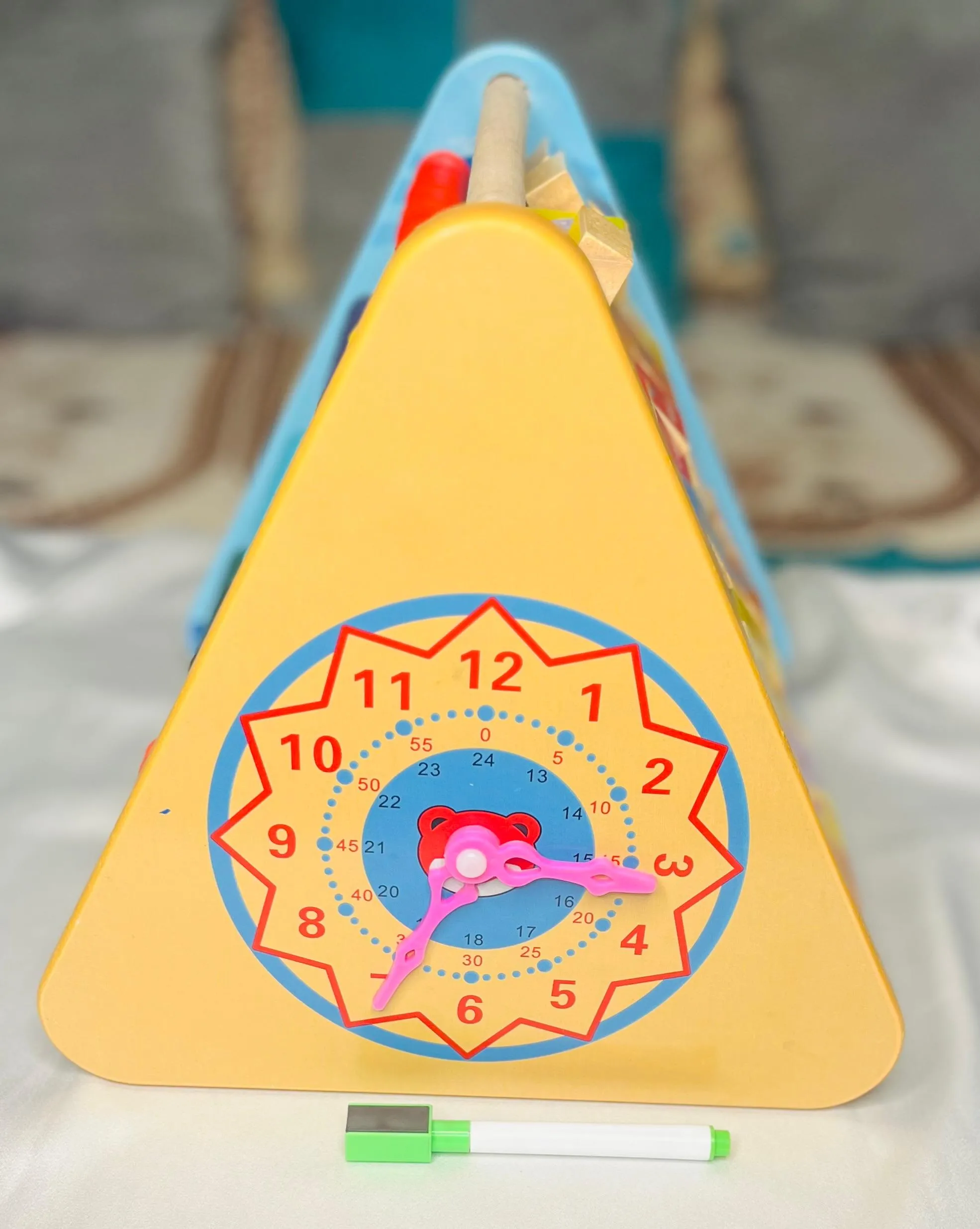 5-in-1 Wooden Learning Activity Triangle | Engage Your Baby with ABCD, Abacus, Clock, White Writing Board | Montessori Learning Toy for 1-5 Year Old Kids