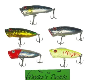 5 Pack noisy popper lures for bass with shiny reflective coating and sonic steel ball for bass, stripers, pike, muskie, perch, panfish, and trout fishing