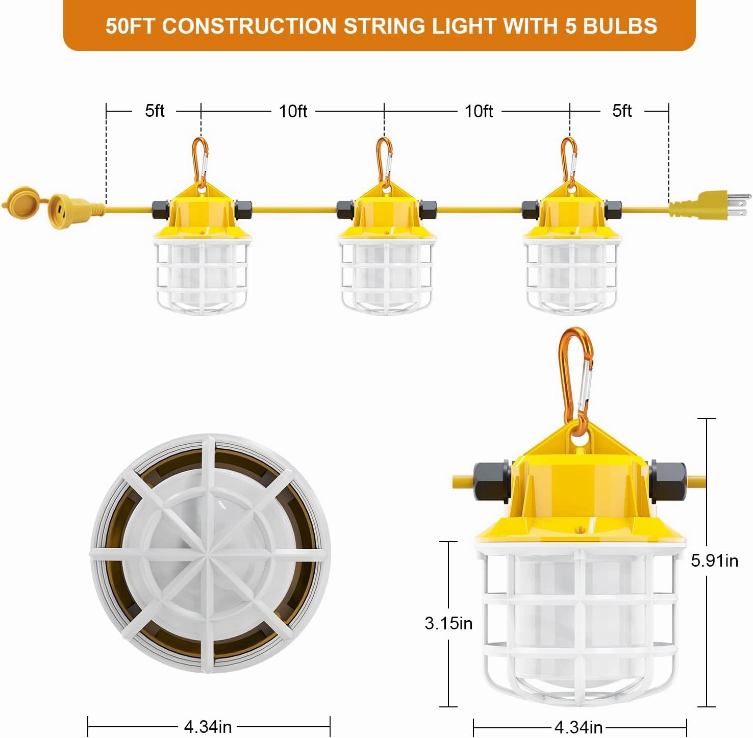 50ft LED Construction String Lights, 75W 7500LM Industrial Grade Super Bright String Work Lights for Construction Sites, Temporary Work, Renovation, Jobsite, and all outdoor lighting(50ft-5lights)