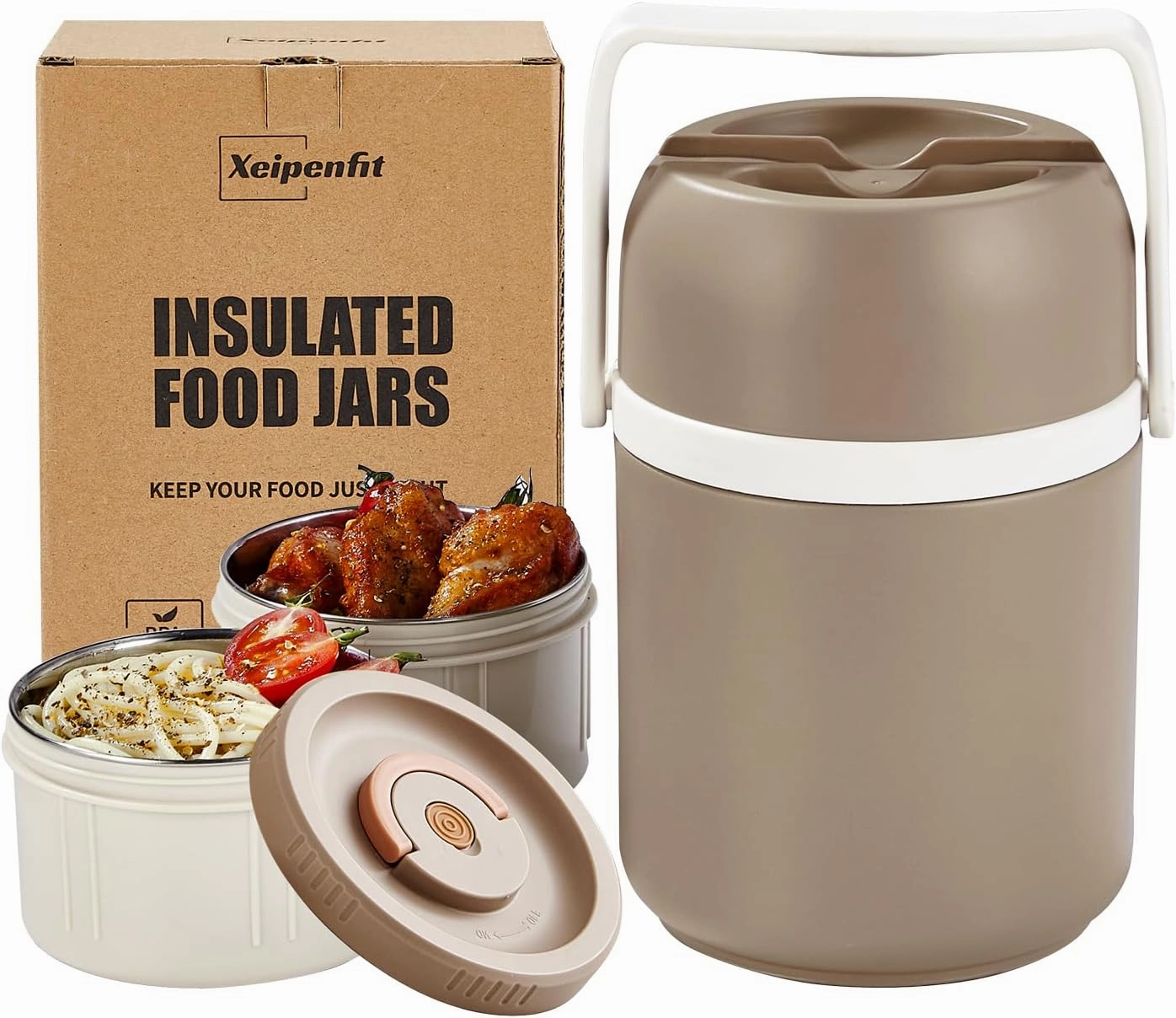 51 oz Adults Vacuum Insulated Wide Mouth Soup Food Thermos Hot Food Jar with Keep Thermal Portable 2 Tier Stackable Bento Hot Food Containers Lunch Boxes (Gray, 51)