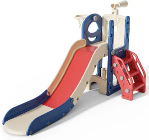 6 in 1 Toddler Slide for Toddlers Age 1-3, Extra-Long Slide with Basketball Hoop Indoor and Outdoor Baby Climber Playset Playground Freestanding Slide (Small, Red Blue)