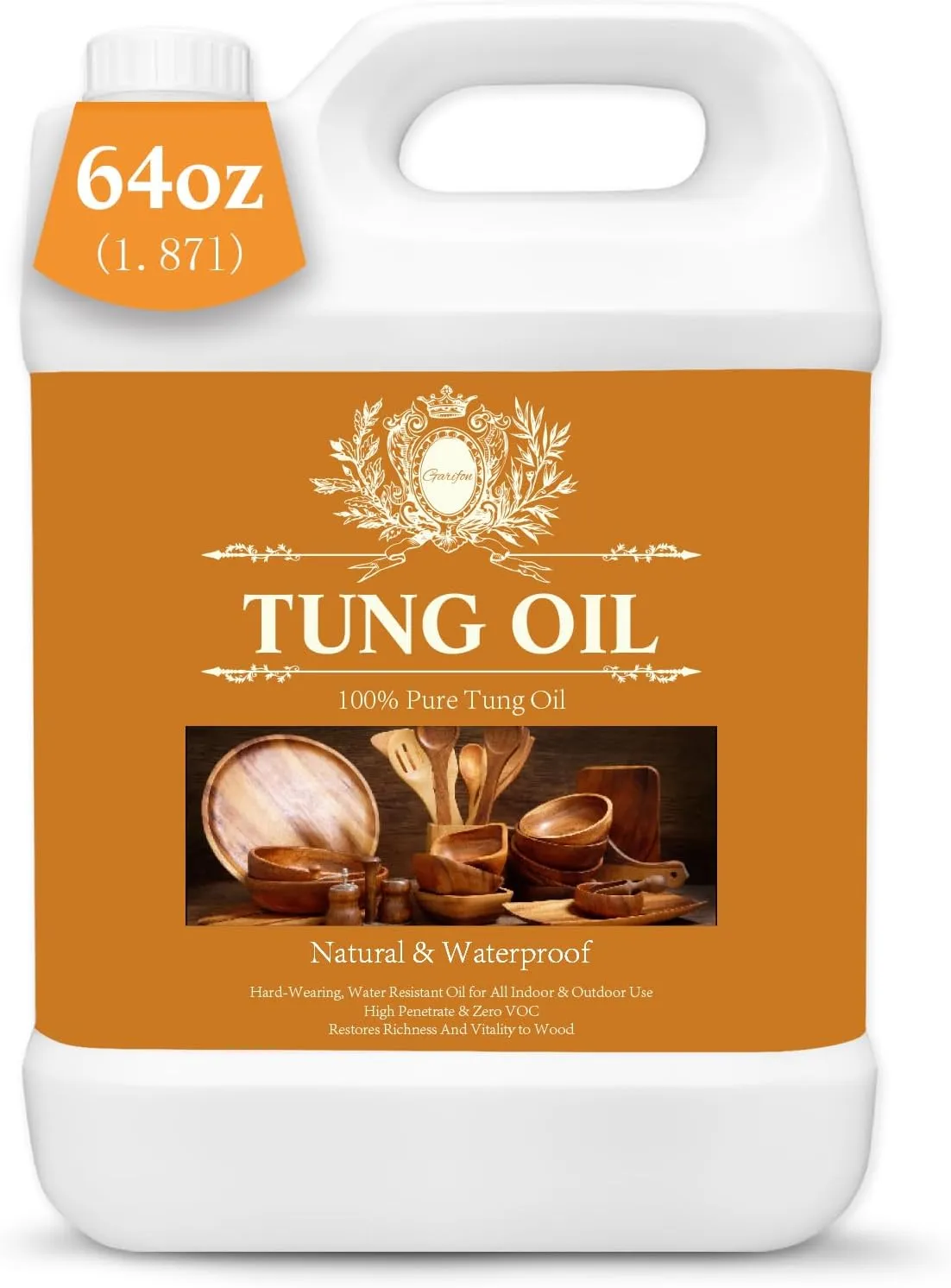 64 OZ 100% Pure Tung Oil for Outdoor Furniture & Indoor Wood - Food Grade, Sealer & Finish for Teak, Floor & Cutting Boards