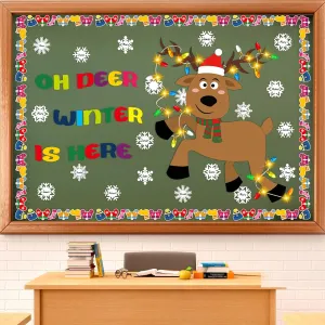 67 Pcs Large Christmas Bulletin Board Set with Colorful String Lights Oh Deer Winter is Here Bulletin Boards Paper Elk Snowflakes Cutouts for Winter Xmas Holiday Chalkboard Wall Decor
