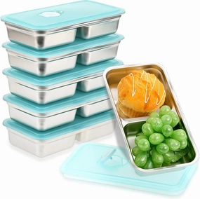 6 Pcs 304 Stainless Steel Bento Boxes, 30 oz 2 Compartments Food Storage Containers Snack Boxes with Leakproof Lids, Divided Meal Prep Lunch Box Food Container Dishwasher Safe