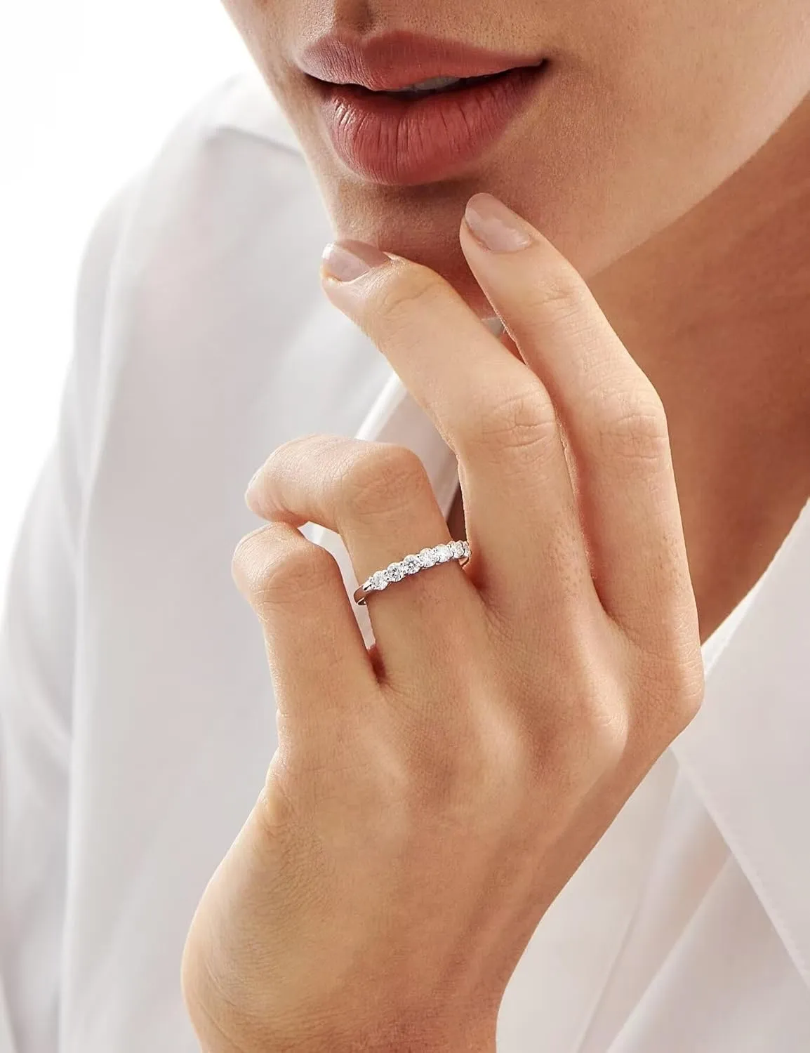 7 Stones Moissanite Anniversary Rings for Women, 0.7 Carat Round Cut Diamond 18K White Gold Plated 925 Sterling Silver Half Eternity Wedding Bands Stackable Ring