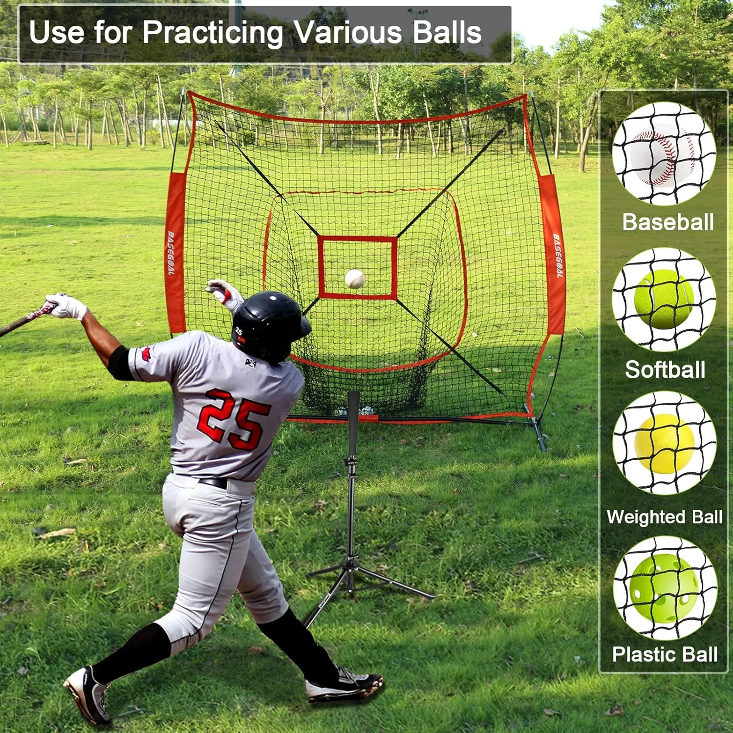 7'×7' Baseball Softball Practice Net,Baseball Backstop,for Hitting Pitching Batting Catching with Bow Frame,Bonus Strike Zone