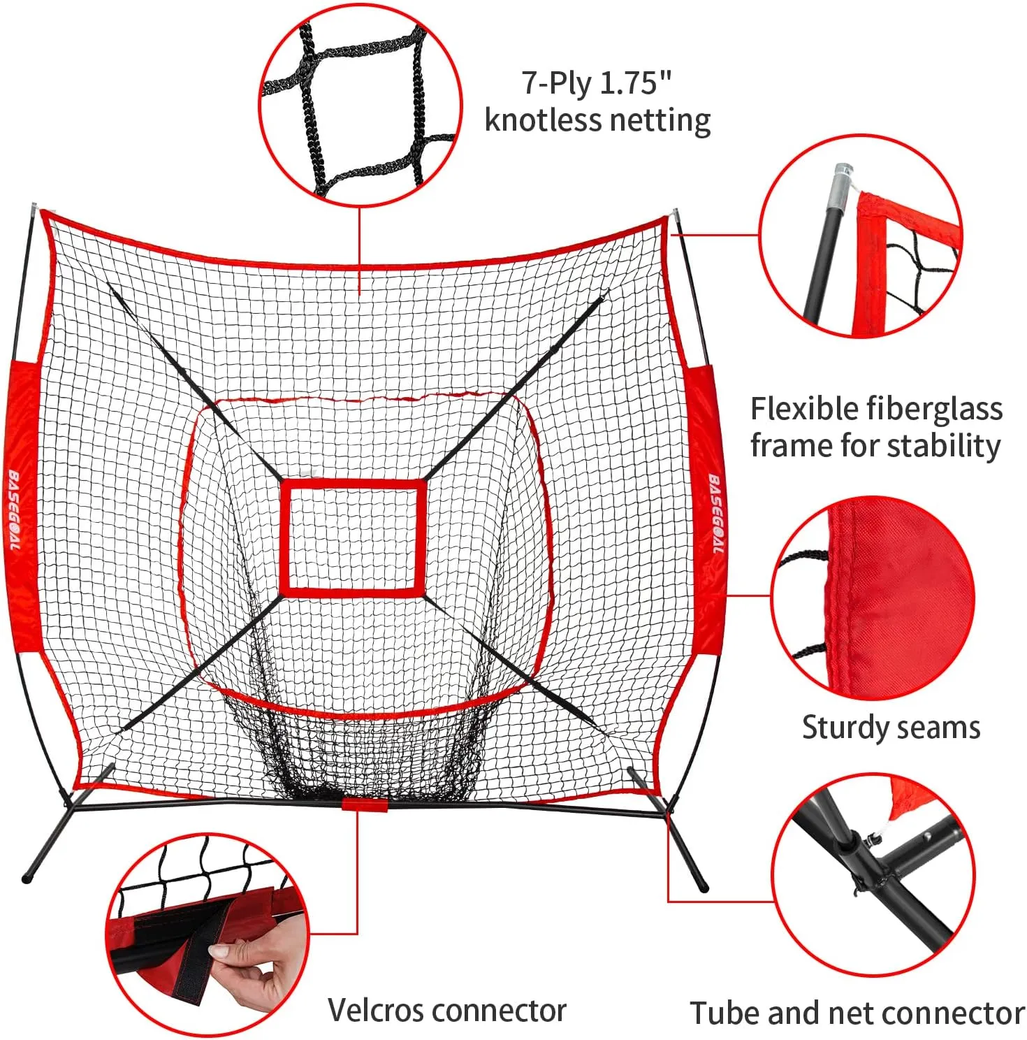 7'×7' Baseball Softball Practice Net,Baseball Backstop,with Batting Tee,for Hitting Pitching Batting Catching with Bow Frame,Bonus Strike Zone