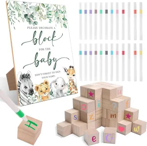 79 Pcs Wood Baby Blocks for Baby Shower Games Decorate, Including 1 Block Jungle Safari Baby Shower Sign 54 DIY Blank Baby Blocks 24 Watercolor Markers, for Baby Shower Activities, Gender Reveal,2