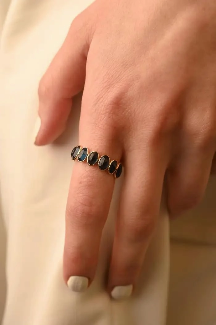 7.8Cts Continual Oval Blue Sapphire Eternity Band Ring in 18k Solid Yellow Gold- Engagement Promise Ring- September Birthstone Ring Gift