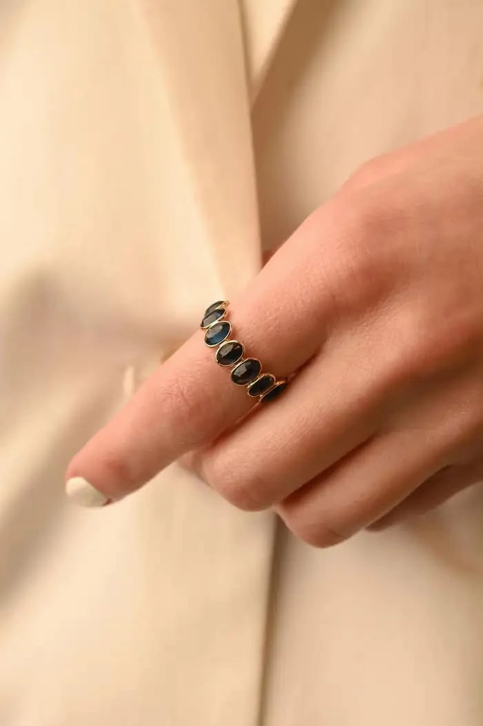 7.8Cts Continual Oval Blue Sapphire Eternity Band Ring in 18k Solid Yellow Gold- Engagement Promise Ring- September Birthstone Ring Gift