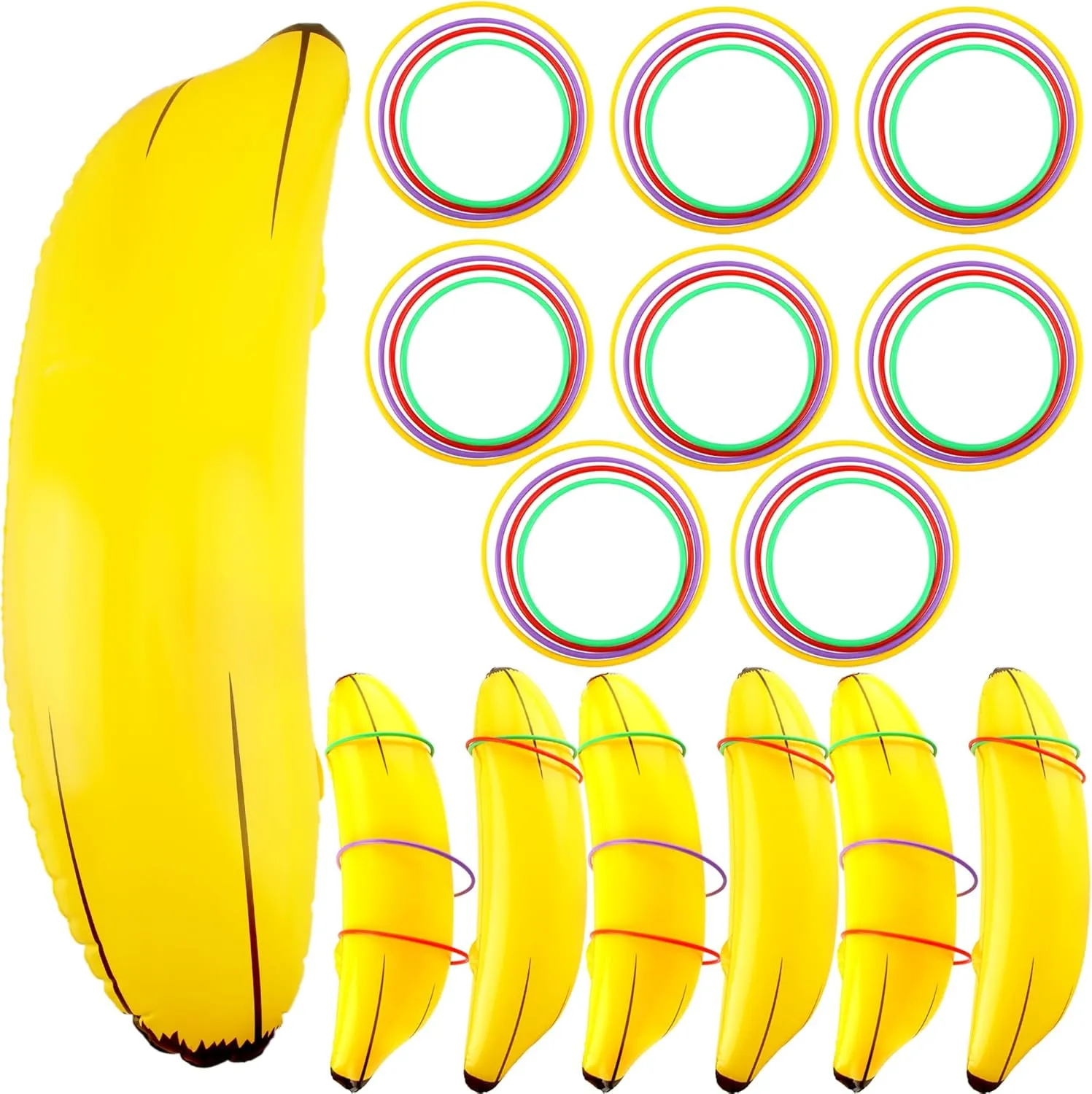 8 Set Inflatable Banana Ring Toss Game 8 Pcs Blow Up Banana Props 32 Pcs Plastic Toss Ring for Bachelorette Party Games Bridal Shower Summer Pool Beach Activities