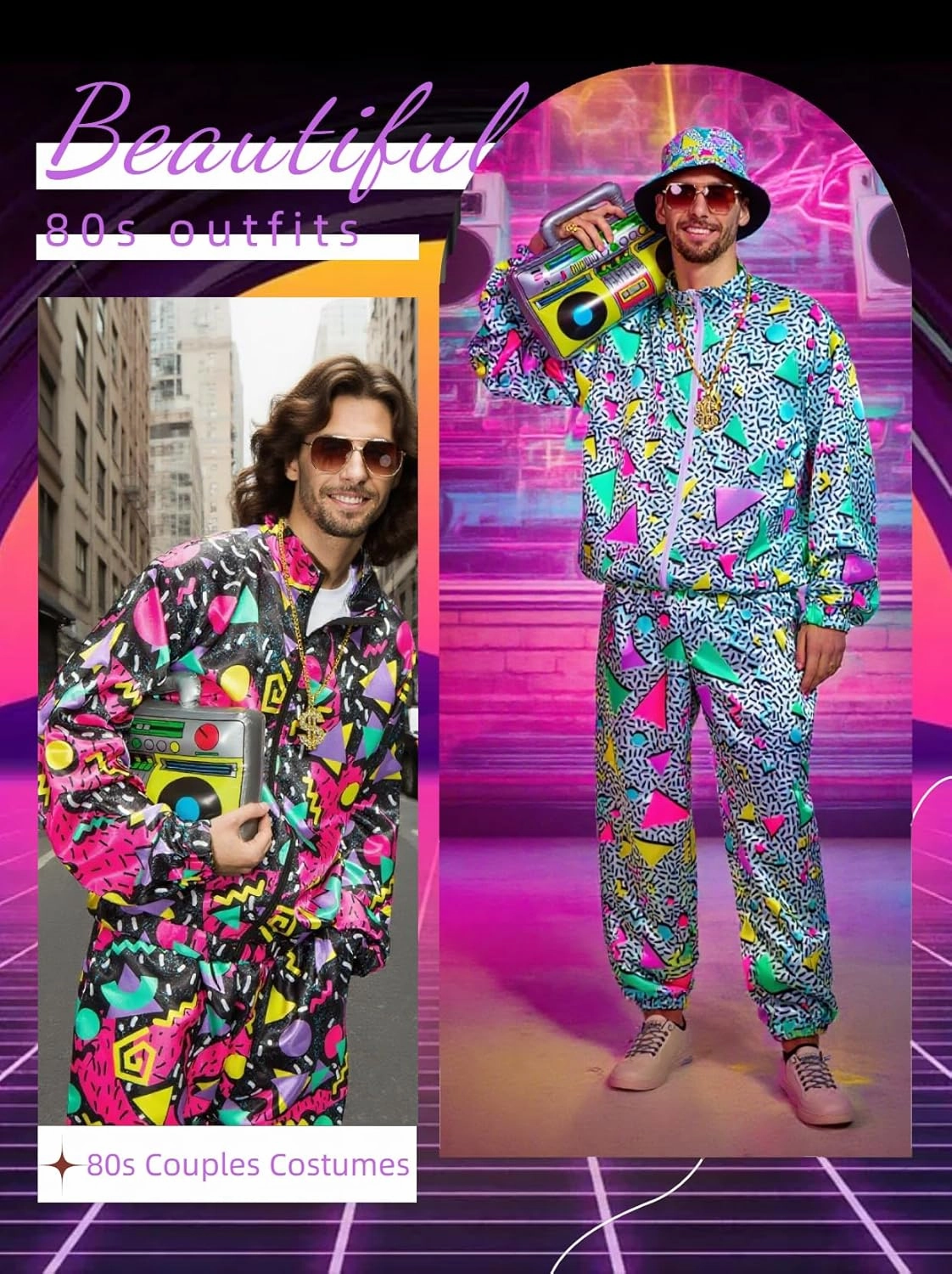 80s Outfit for Men Neon Baggy Tracksuit Set 90s Vintage Couples Costumes for Adults Women Retro Hip Hop Windbreaker 8PC