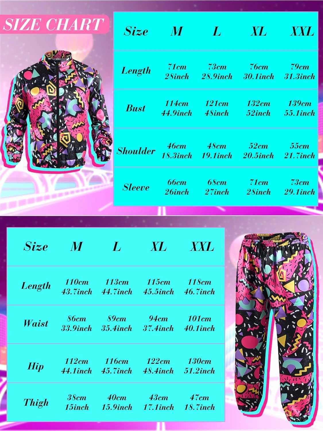 80s Outfit for Men Neon Baggy Tracksuit Set 90s Vintage Couples Costumes for Adults Women Retro Hip Hop Windbreaker 8PC
