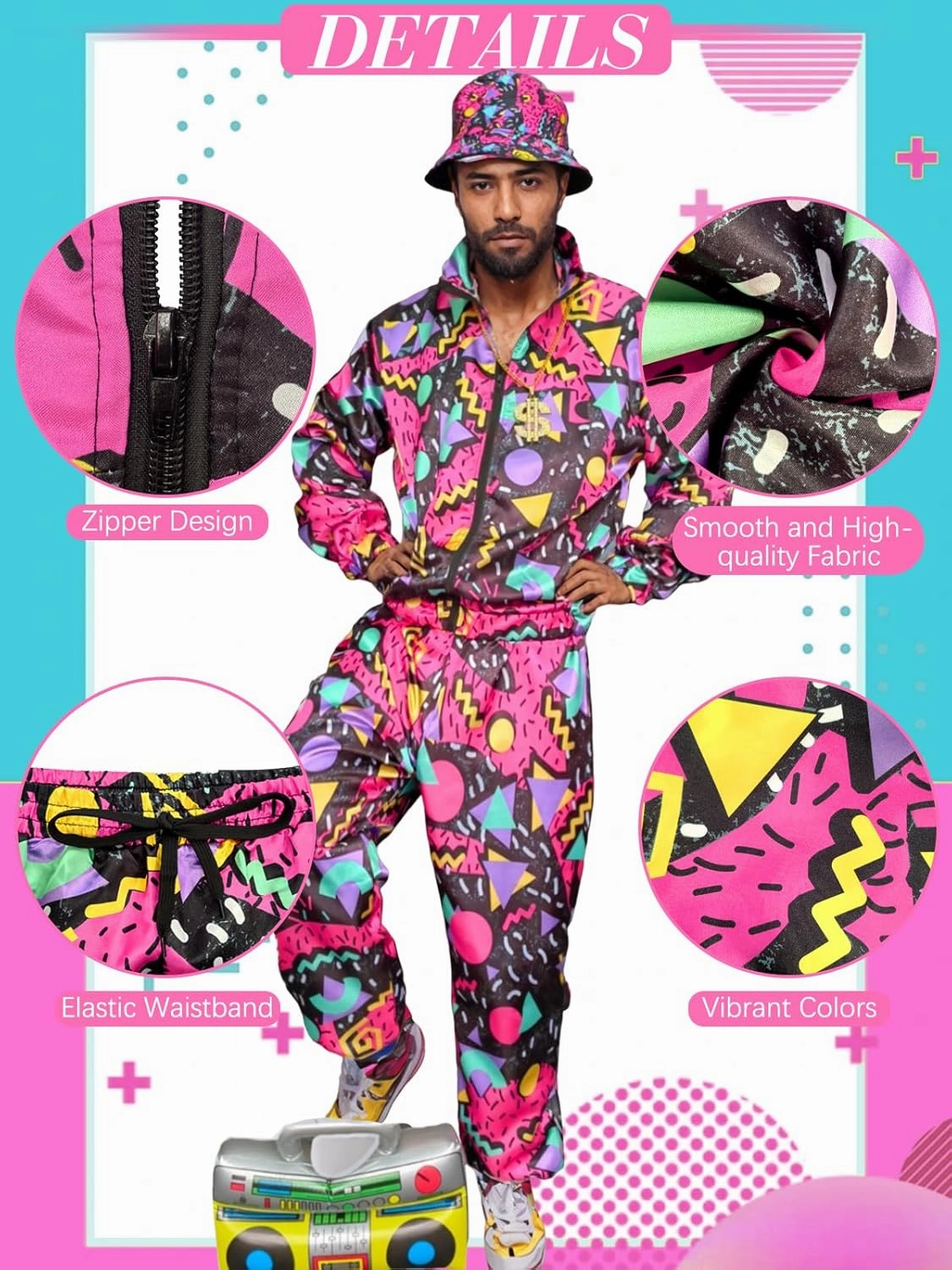 80s Outfit for Men Neon Baggy Tracksuit Set 90s Vintage Couples Costumes for Adults Women Retro Hip Hop Windbreaker 8PC
