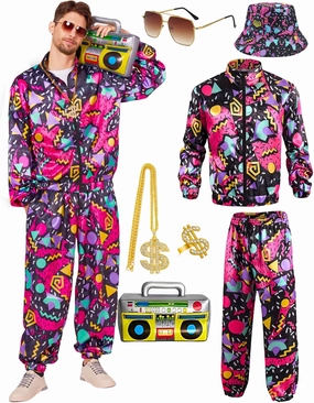 80s Outfit for Men Neon Baggy Tracksuit Set 90s Vintage Couples Costumes for Adults Women Retro Hip Hop Windbreaker 8PC