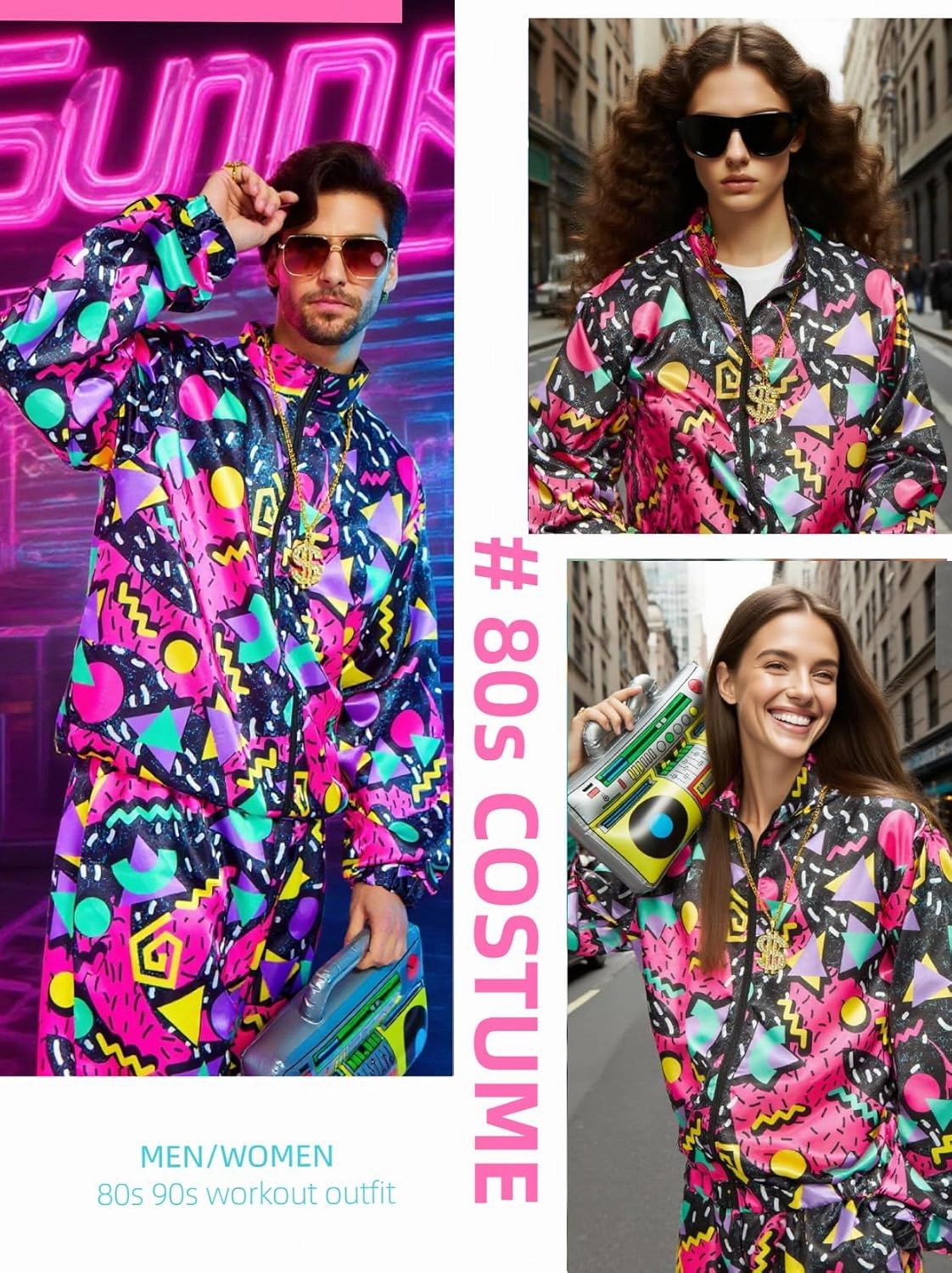80s Outfit for Men Neon Baggy Tracksuit Set 90s Vintage Couples Costumes for Adults Women Retro Hip Hop Windbreaker 8PC