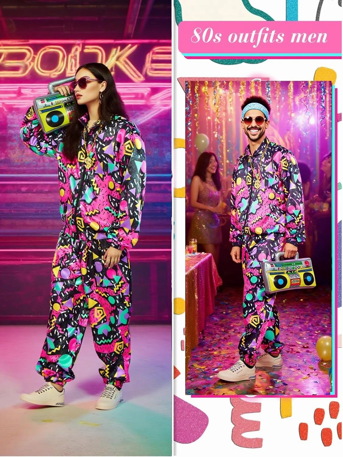 80s Outfit for Men Neon Baggy Tracksuit Set 90s Vintage Couples Costumes for Adults Women Retro Hip Hop Windbreaker 8PC