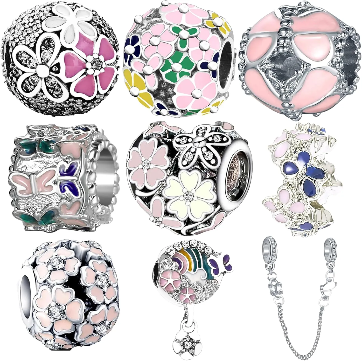 9 Pack Silver Spacer Beads Charms fit Pandora Bracelet CZ Pendant Set
