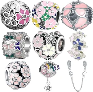 9 Pack Silver Spacer Beads Charms fit Pandora Bracelet CZ Pendant Set