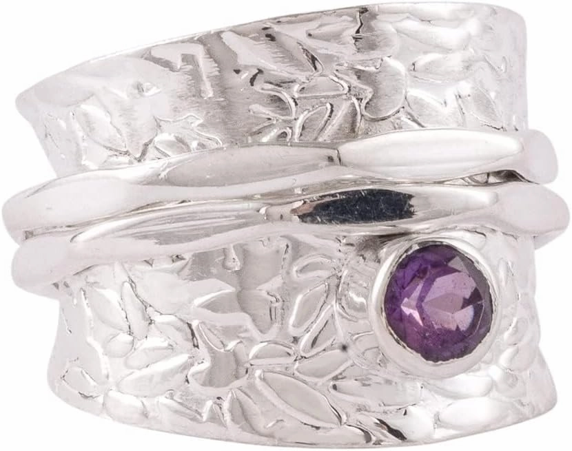 925 Sterling Silver Amethyst Spinner Ring | Fidget Band Meditation Ring (Purple)