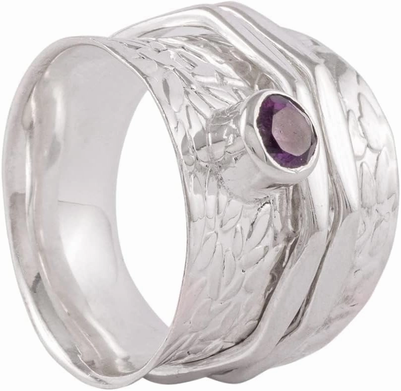 925 Sterling Silver Amethyst Spinner Ring | Fidget Band Meditation Ring (Purple)