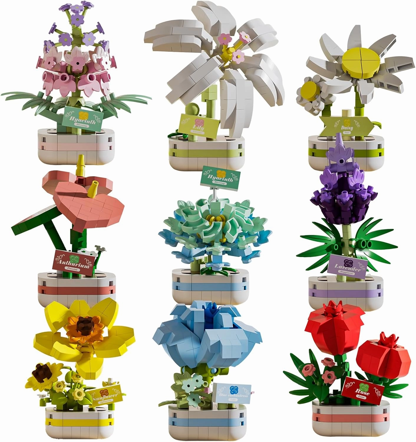 9 Set Potted Plant Building Blocks Set - DIY Bonsai Flower Toy for Home Decor, Creative Desktop Botanical Construction Kit for Kids and Adults