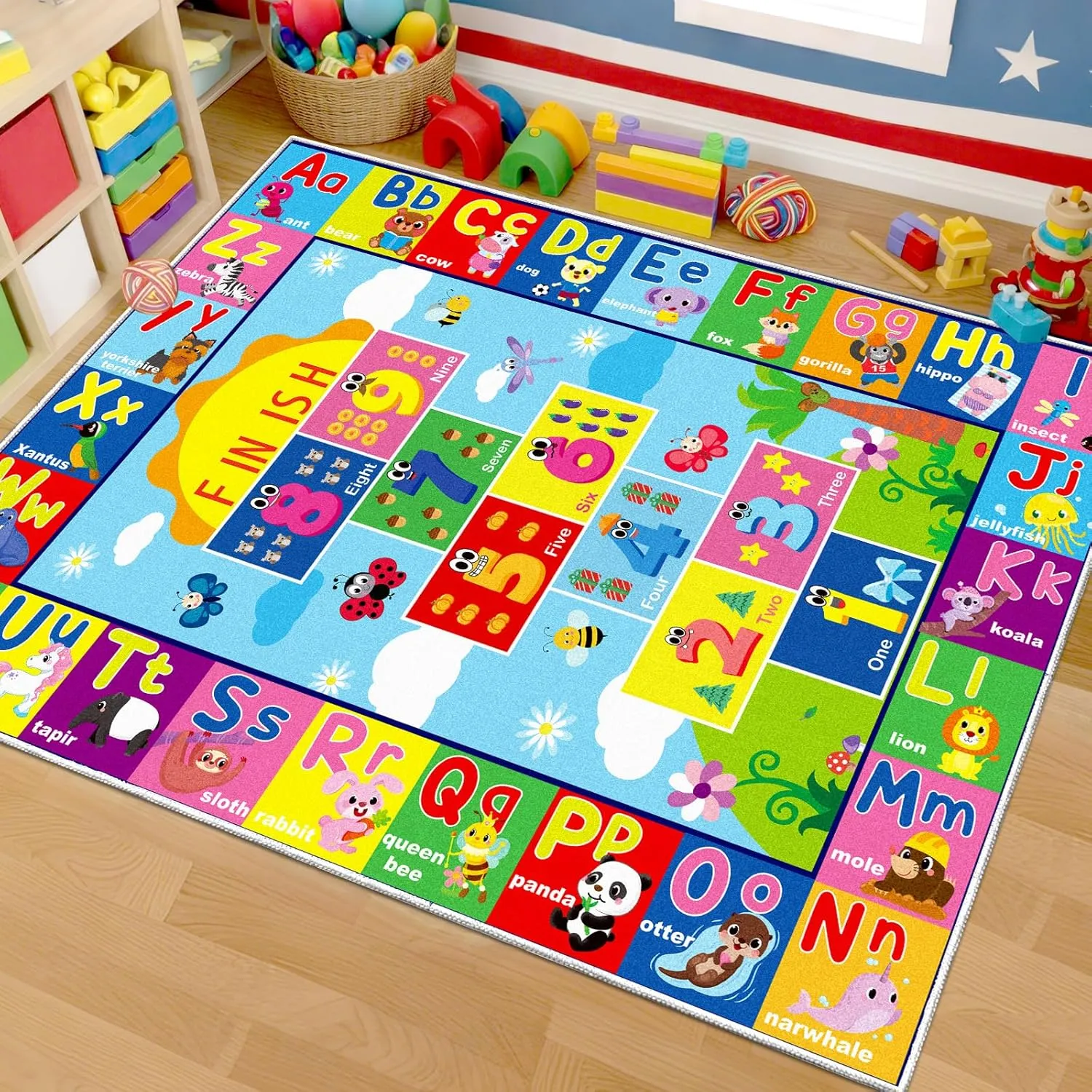 ABC Hopscotch Rug for Kids Playroom, Educational Learning and Fun Playroom Hopscotch Inside Rug, Non-Slip Game Carpet for Classroom Nursery Bedroom Decor (79 X 59 Inches)