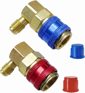 AC R134a Quick Coupler Adapter, 90 Degree Angle High Low Connector Kit with 1/4" SAE Male Flare, Auto Air Condition Freon Manifold Gauge Hose Conversion Set