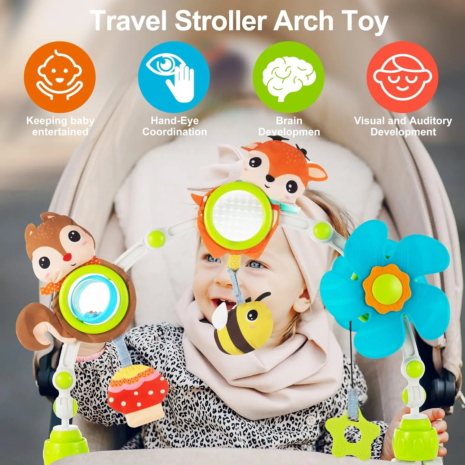 Adjustable Arch Bassinet Toys for Infant & Toddlers, Stroller Arch, Baby Crib Toys with Fascinating Hanging for Stimulating Baby’s Senses and Developing Motor Skills