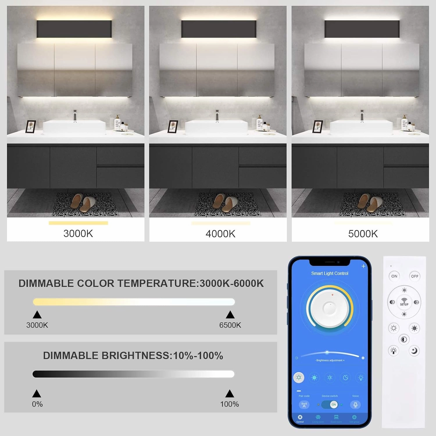 Aipsun 24in APP & Remote Control Dimmable Modern Black Vanity Light Fixtures Color Temperature Adjustable LED Bathroom Light Fixture