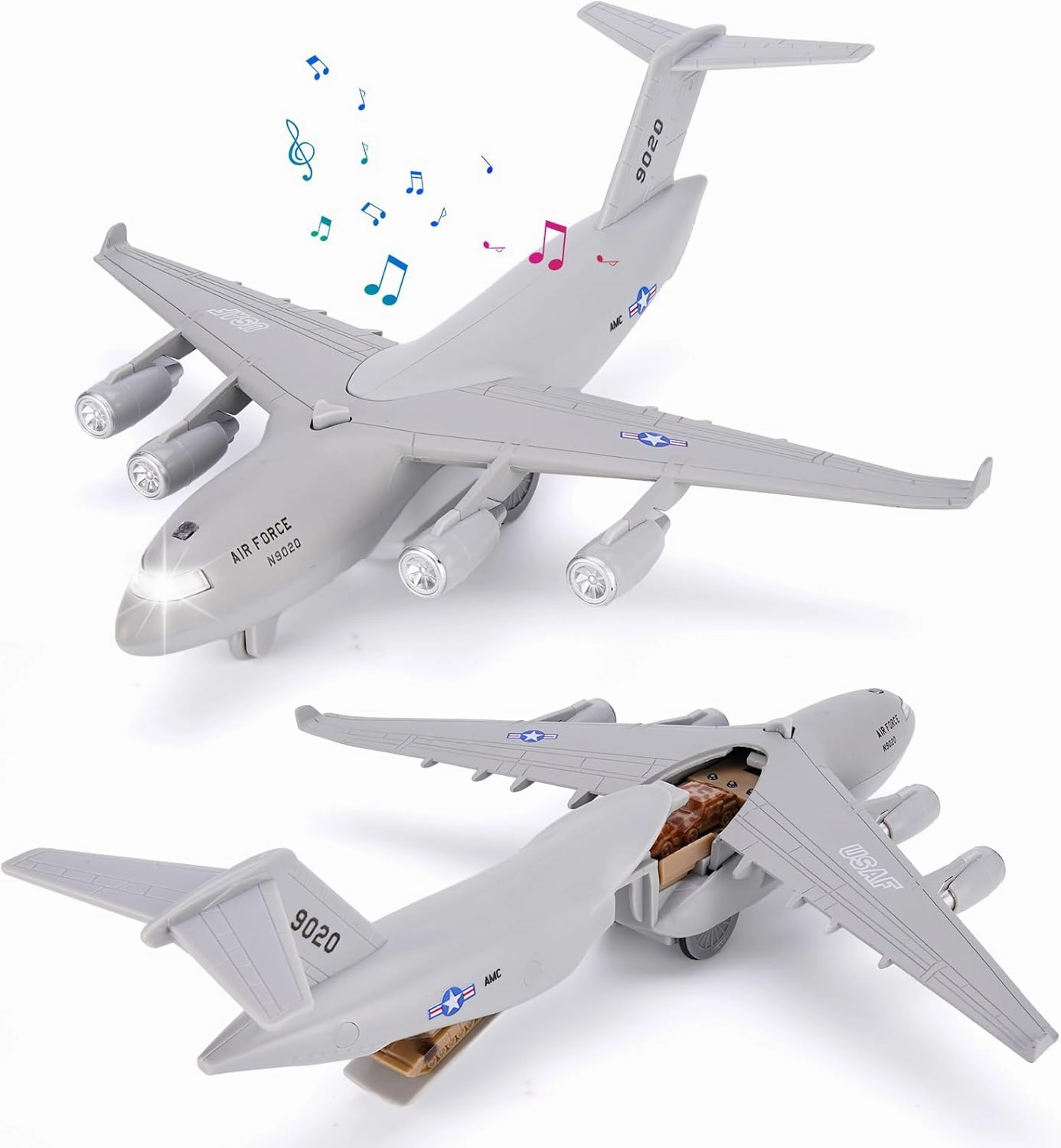 Air Force Diecast Plane Toy with Lights & Sounds Pull Back, Grey Metal Military Model Airplane, Army Aircraft Fighter Toy, Play Vehicle for Kids Boys Toddlers Ages 3 