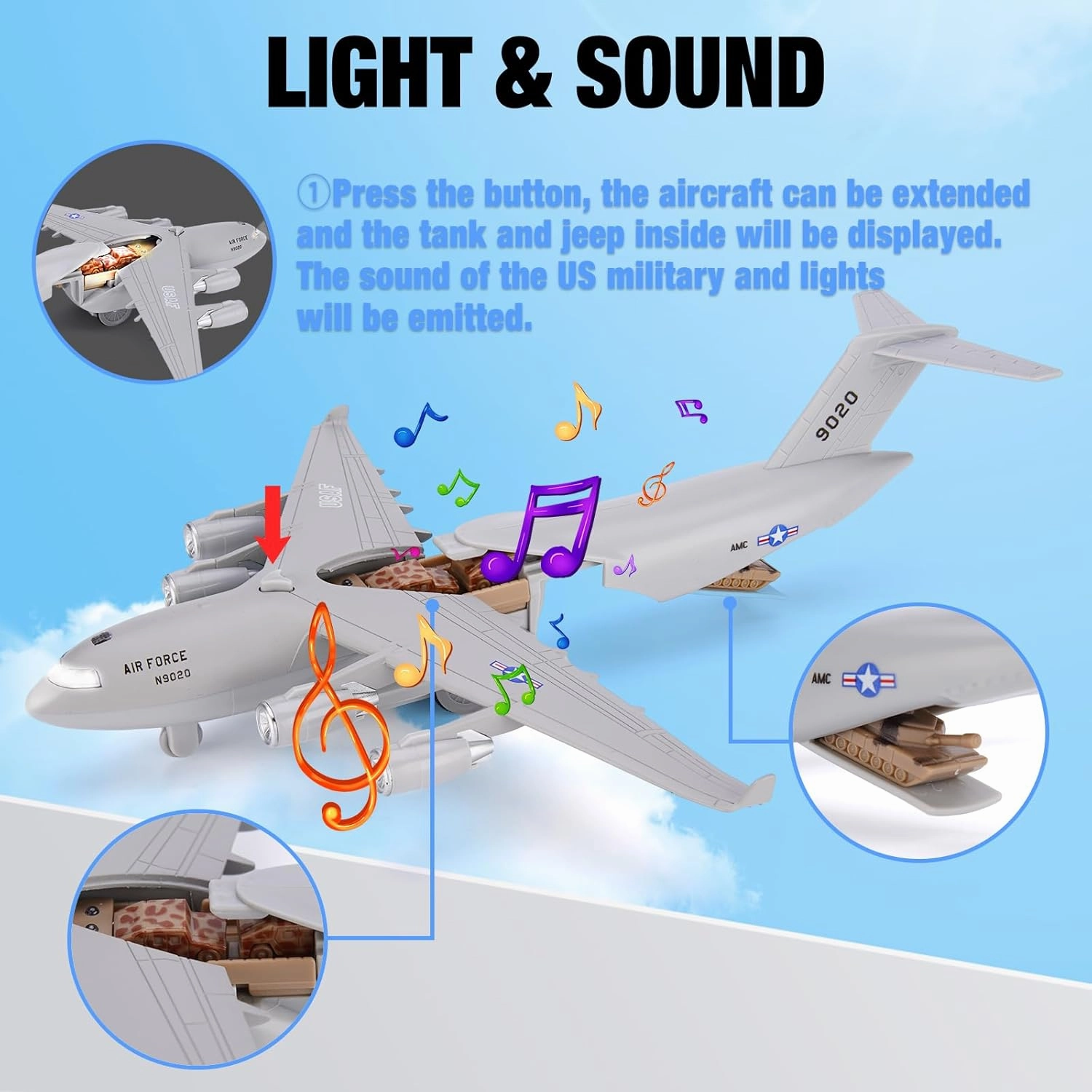 Air Force Diecast Plane Toy with Lights & Sounds Pull Back, Grey Metal Military Model Airplane, Army Aircraft Fighter Toy, Play Vehicle for Kids Boys Toddlers Ages 3 
