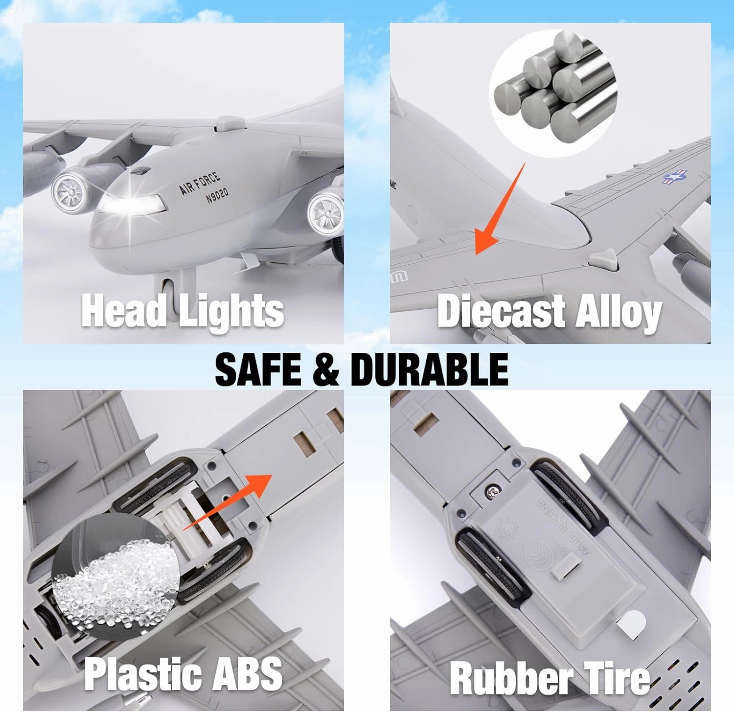 Air Force Diecast Plane Toy with Lights & Sounds Pull Back, Grey Metal Military Model Airplane, Army Aircraft Fighter Toy, Play Vehicle for Kids Boys Toddlers Ages 3 