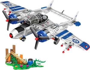 Airplane Building Blocks Set P-38 WWII Military Airplane Toy Sliding Linked Rotating Propeller and with Cannonball Launcher and Open Cockpit Door, Gift for Kids Boys Ages 6-12 and Older 479 pcs
