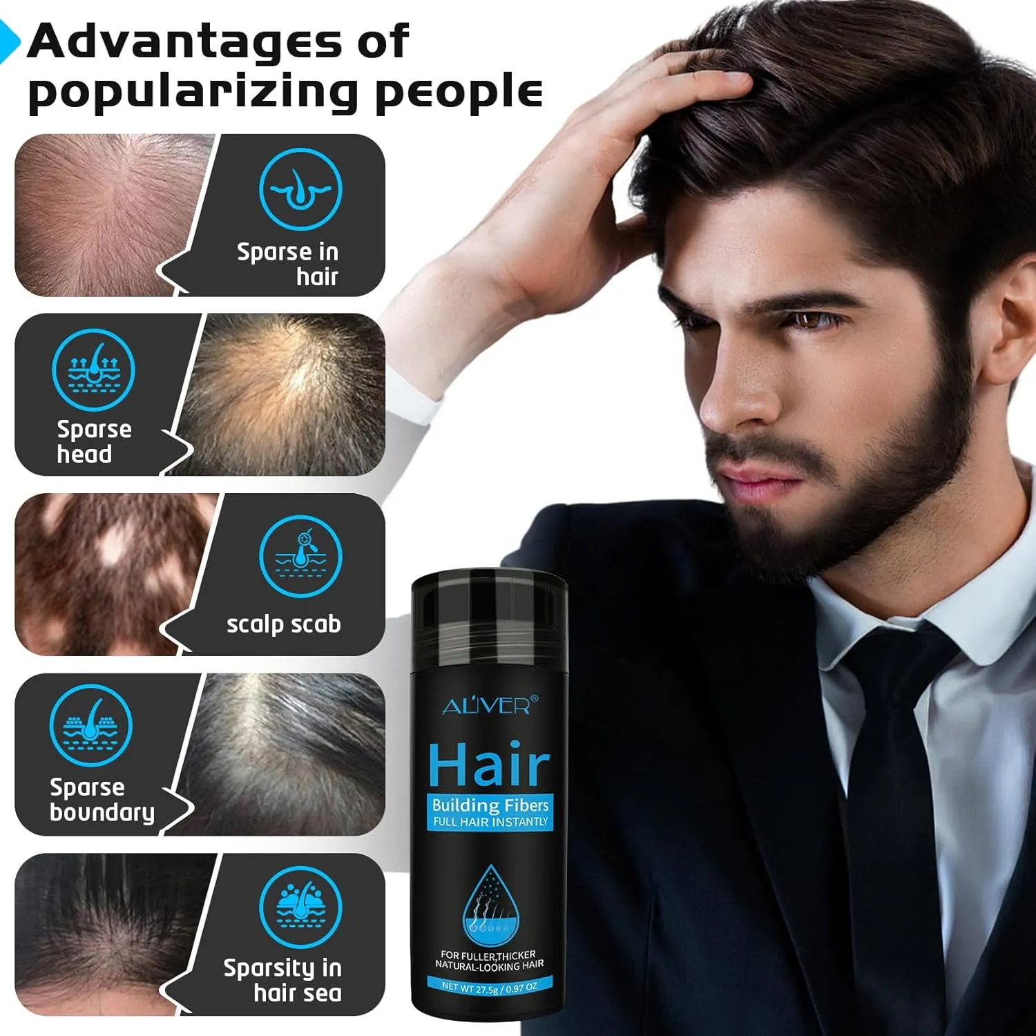 ALIVER Hair Fibers for Thinning Hair for Women & Men, Extra Spray Applicator, Black, 27.5 Gr Hair Powder Bald Spot Cover Up, Instantly Hair Filler, Undetected & Natural