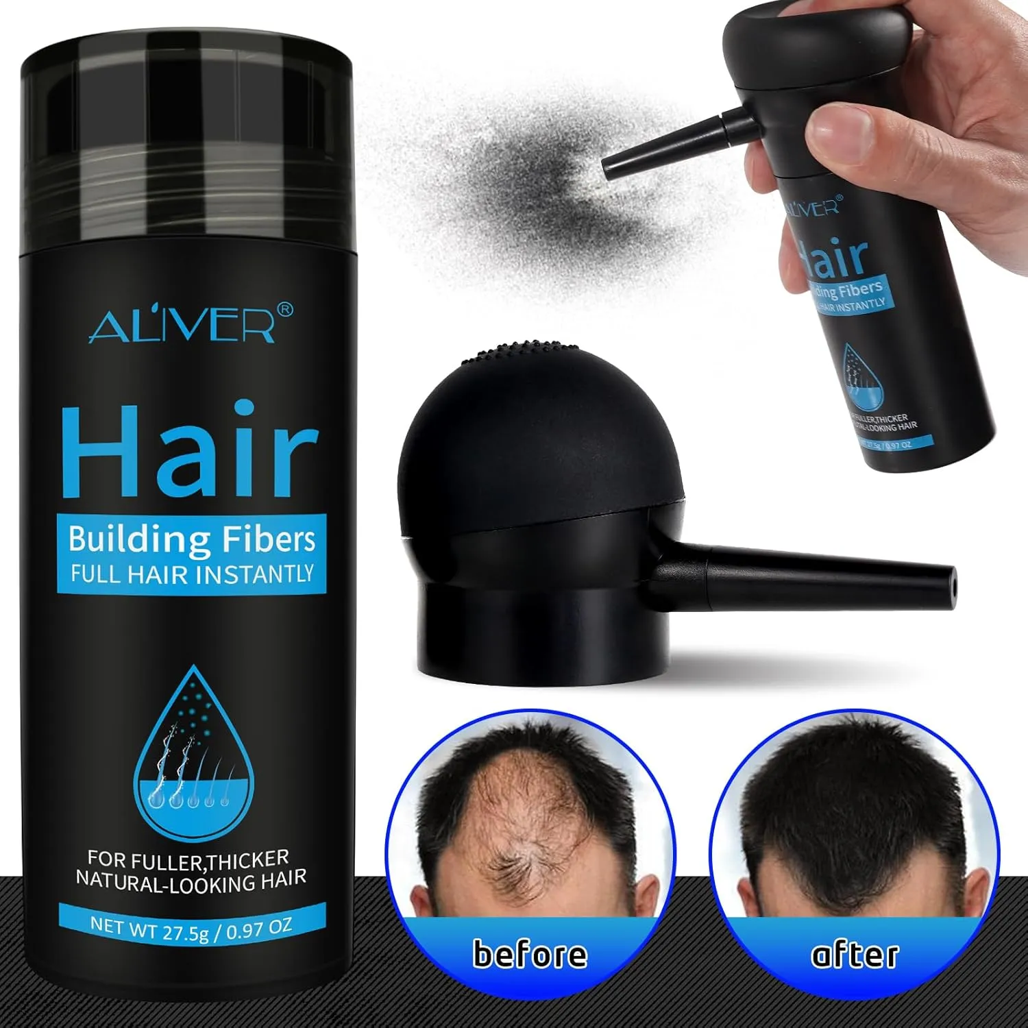 ALIVER Hair Fibers for Thinning Hair for Women & Men, Extra Spray Applicator, Black, 27.5 Gr Hair Powder Bald Spot Cover Up, Instantly Hair Filler, Undetected & Natural
