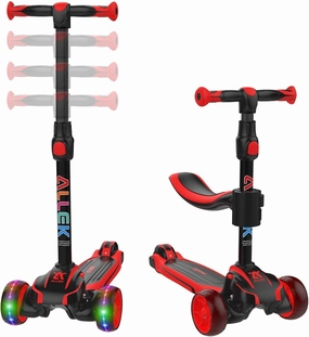 Allek 2-in-1 Kids Kick Scooter D01, Anti Skid 3 Wheel Light Up Push Scooter with Height Adjustable and Removable Seat for Boys Girls 3-12yrs (Dual Color Red-Black)
