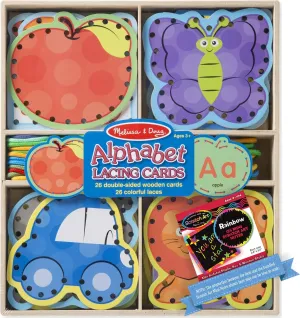 Alphabet Lacing: 26-Wooden Cards Set Bundle with 1 Theme Compatible M&D Scratch A r t Mini-Pad (09490)