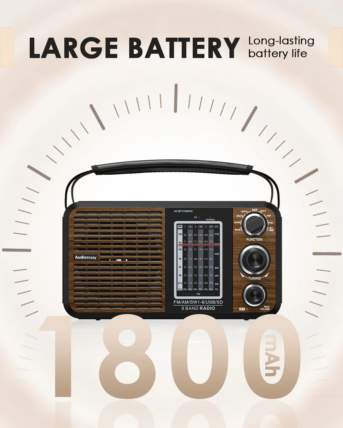 AM FM Portable Shortwave Radio with Bluetooth,Plug in Wall or Battery Powered,Rechargeable Radio with Strong Recepiton,Headphone Jack,SD/USB Slot,Good for Home Seniors Elderly